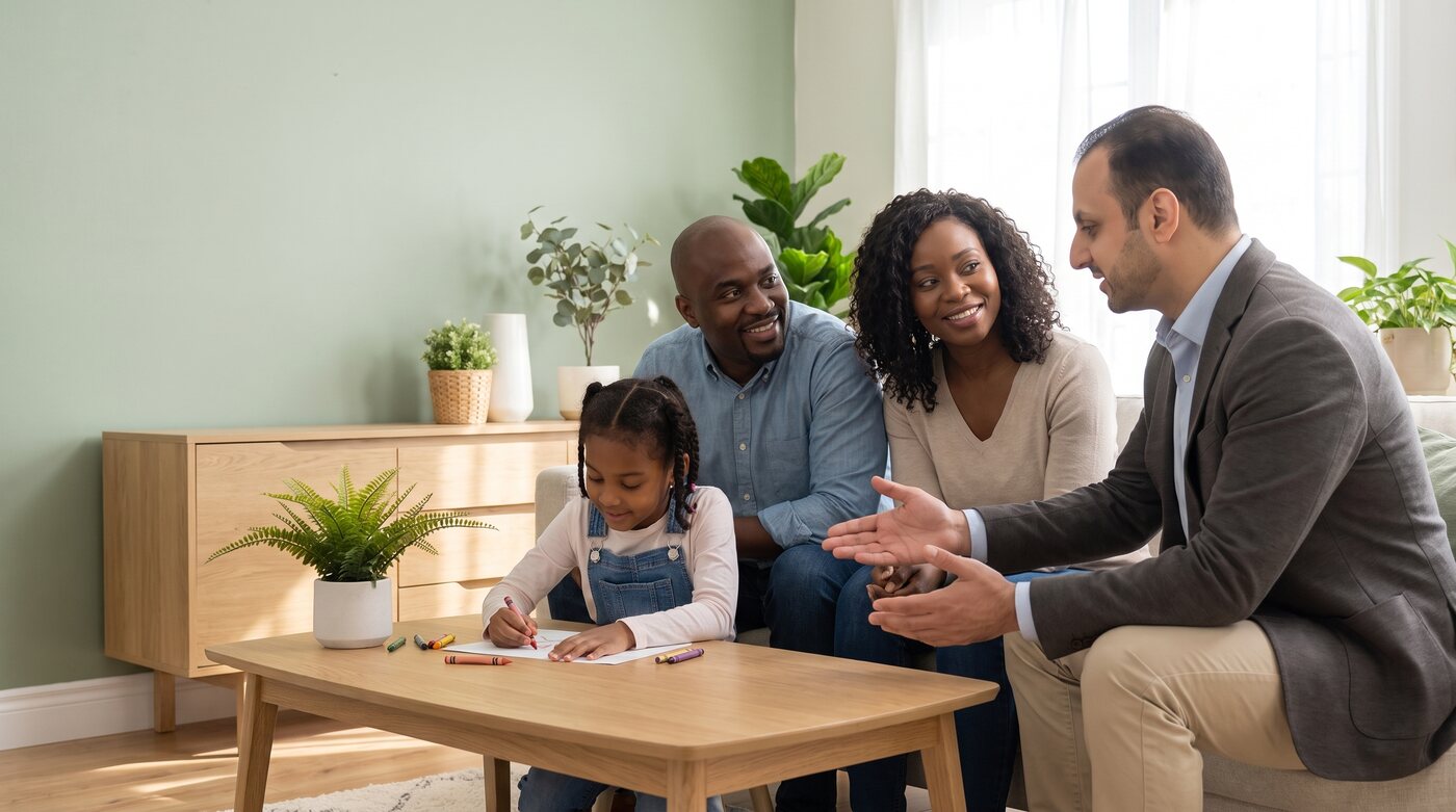 Leigh Kline talking with a family at their table while their daughter colours