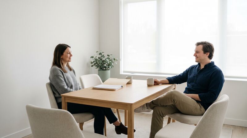 Two people talking across a plain table in an ordinary meeting room