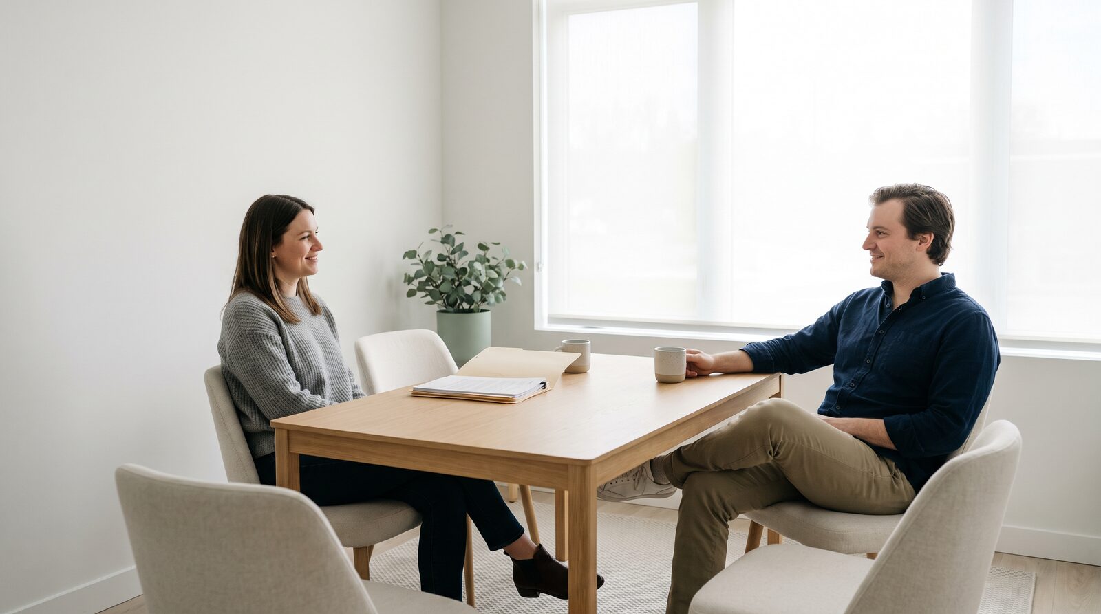 Two people talking across a plain table in an ordinary meeting room