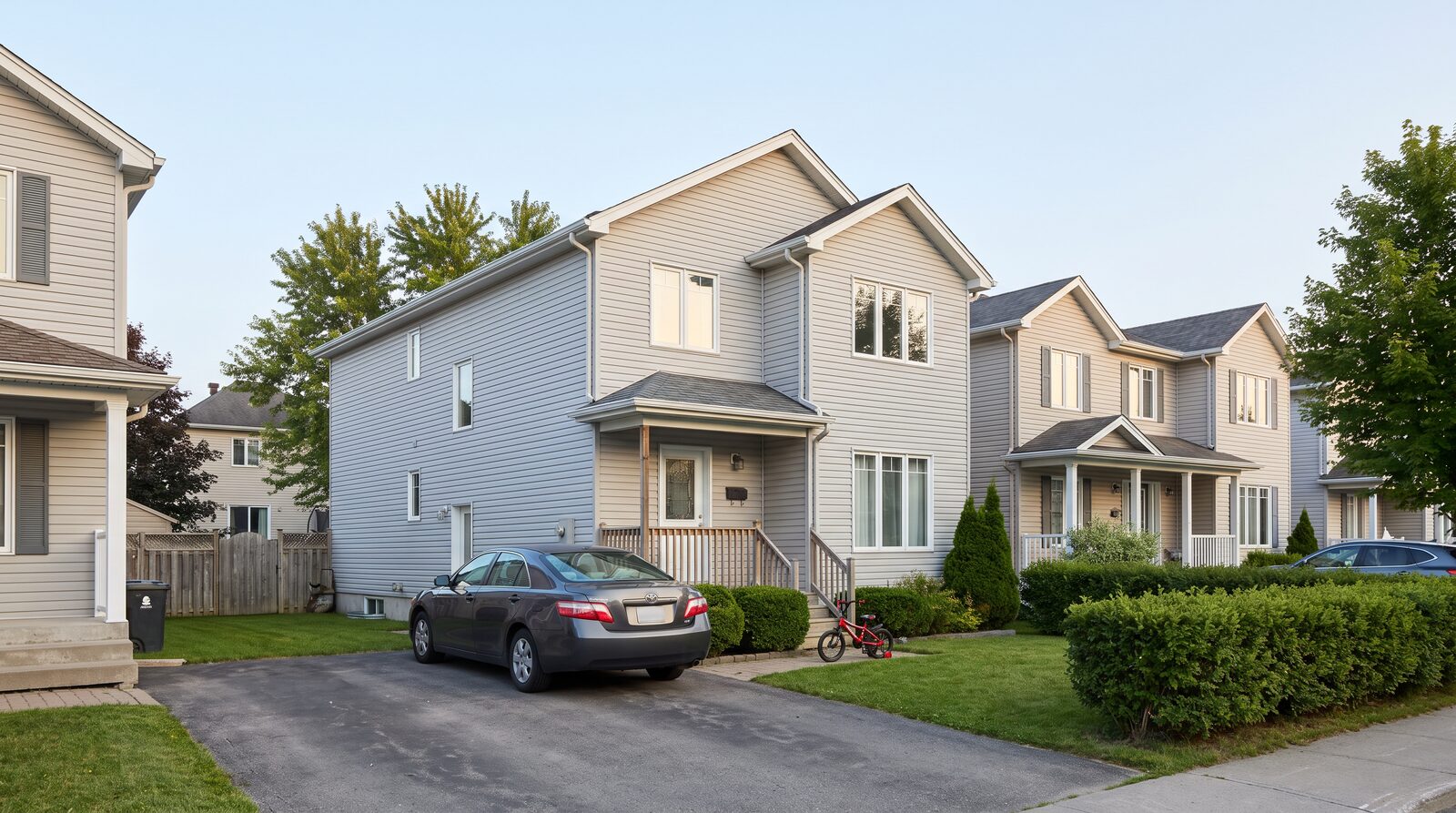 A family home at golden hour with a car in the driveway and a bicycle on the lawn
