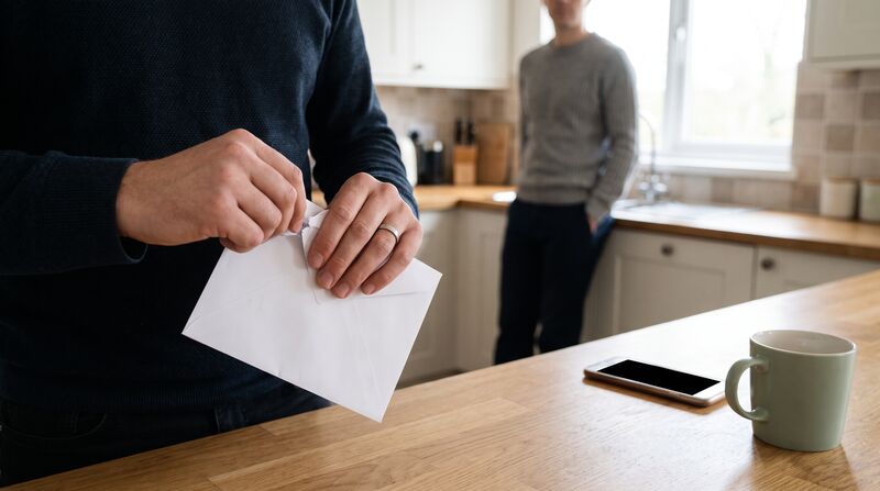 Hands opening a pay envelope at a kitchen counter in afternoon light