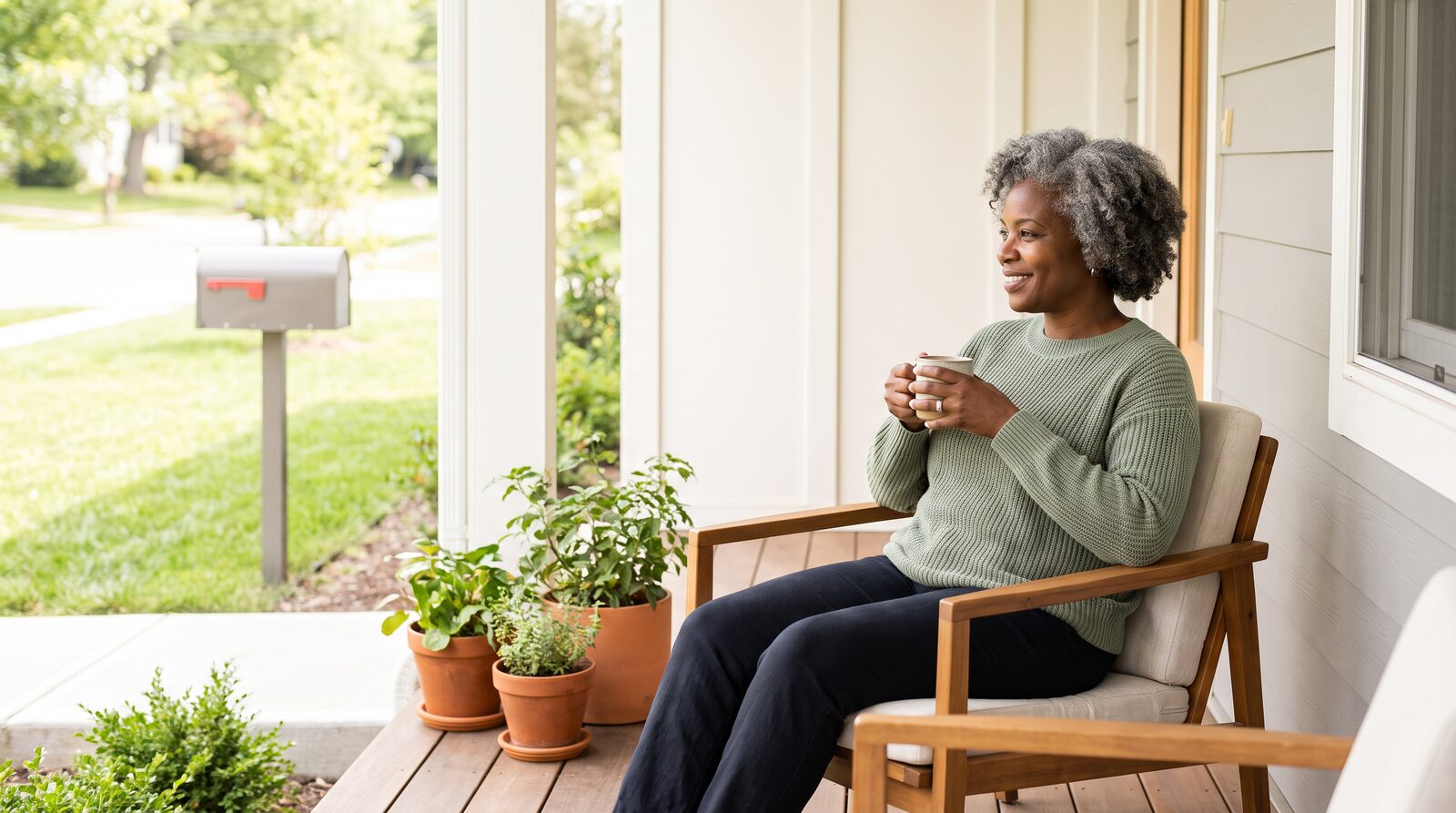 An older woman sitting calmly on her front porch with a cup of tea
