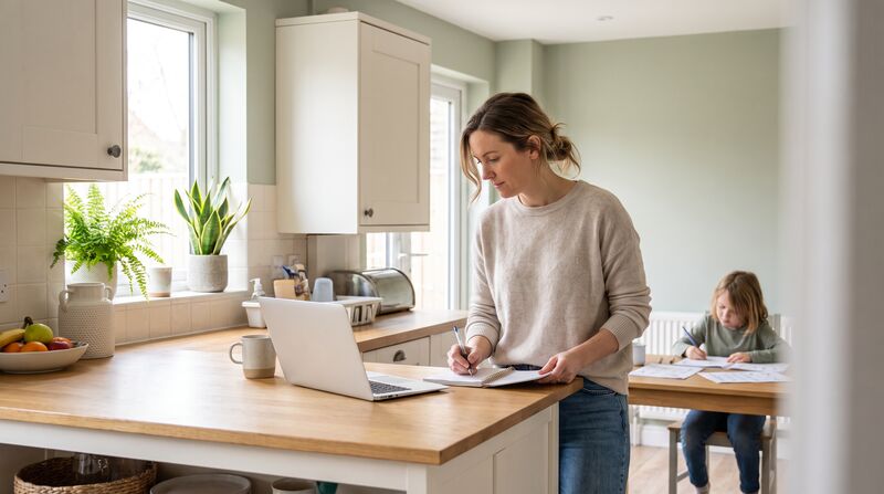 A mother working through paperwork at the kitchen counter while her child does homework