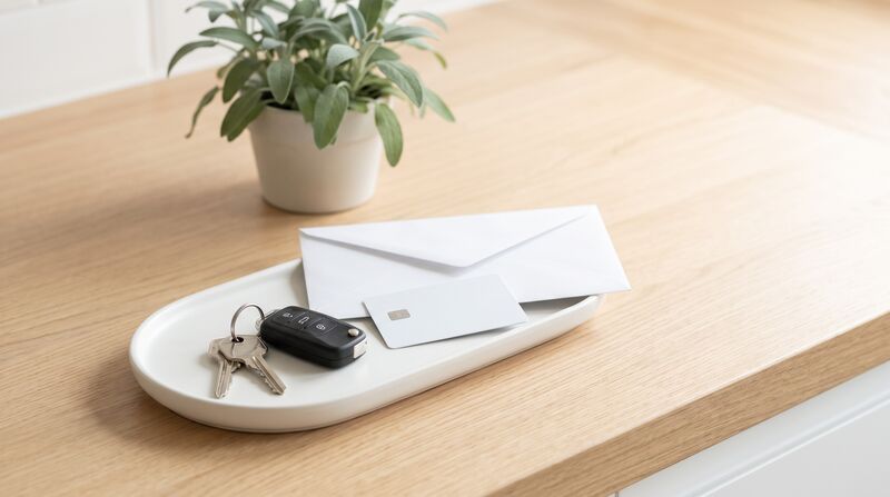 House keys and car keys beside an envelope on a wooden table