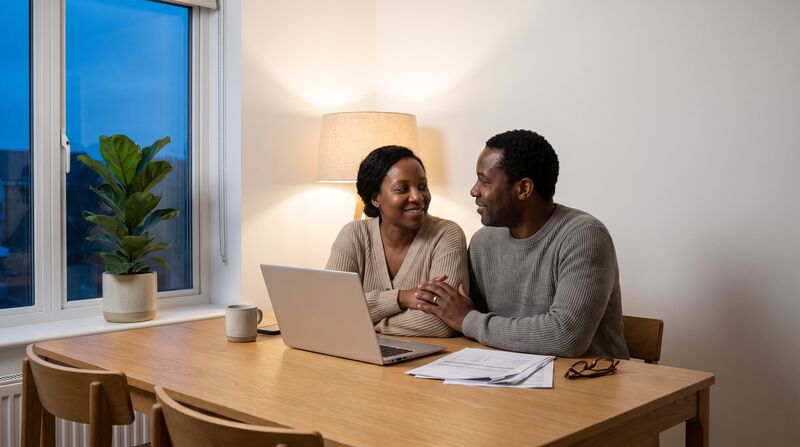 A couple talking over paperwork at their kitchen table in the evening