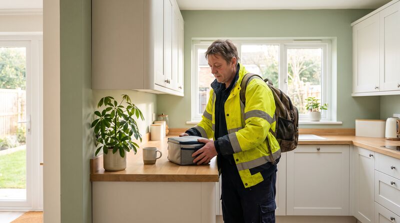A person in work clothes setting down a lunchbox after a long shift