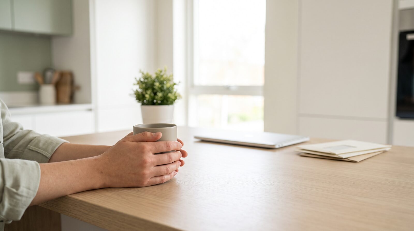 Hands wrapped around a coffee mug at a kitchen table in morning light